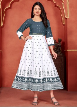 Invaluable Foil Print White Party Wear Kurti