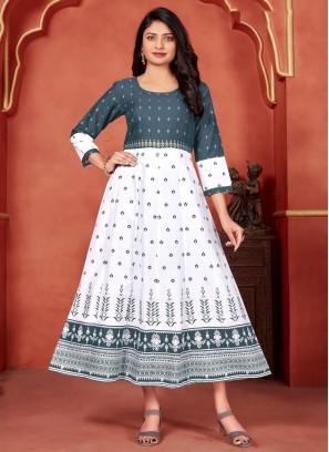 Invaluable Foil Print White Party Wear Kurti