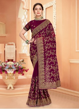 Invaluable Resham Wine Georgette Trendy Saree