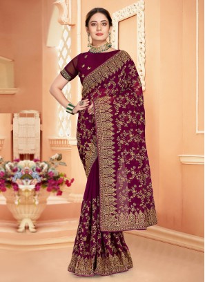 Invaluable Resham Wine Georgette Trendy Saree