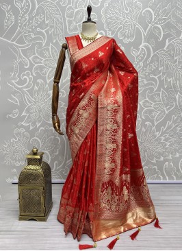 Invaluable Satin Thread Red Classic Saree