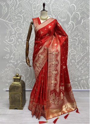 Invaluable Satin Thread Red Classic Saree