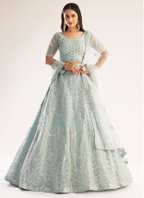 Invigorating Aqua Blue Gota Work Net Lehenga Choli