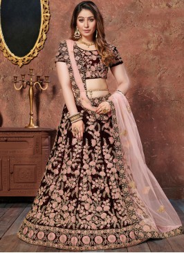 Invigorating Maroon Embroidered Velvet Lehenga Cho