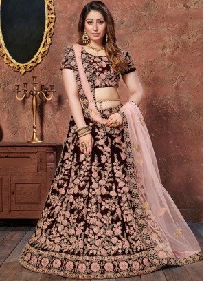 Invigorating Maroon Embroidered Velvet Lehenga Choli