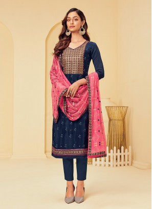 Invigorating Navy Blue Embroidered Faux Georgette Pant Style Suit
