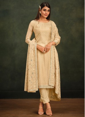 Invigorating Organza Embroidered Beige Salwar Kameez