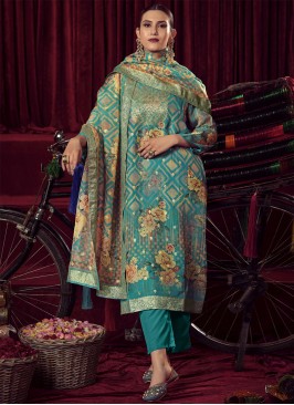 Invigorating Organza Turquoise Woven Salwar Suit