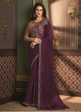 Invigorating Silk Purple Embroidered Trendy Saree