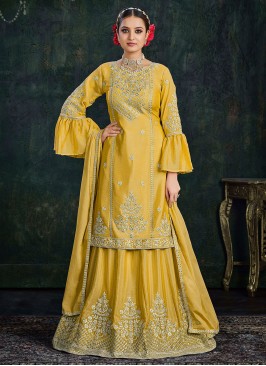 Invigorating Yellow Resham Chinon Lehenga Choli