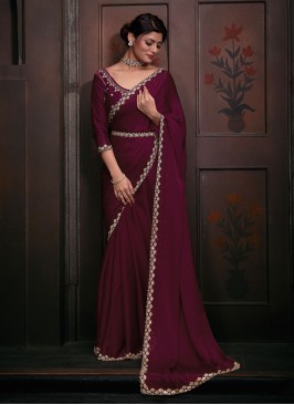 Irresistible Georgette Satin Wine Zircon Saree