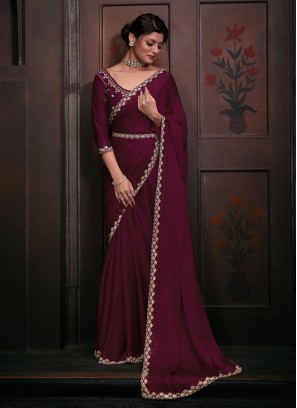 Irresistible Georgette Satin Wine Zircon Saree