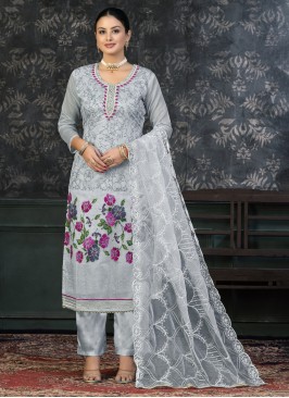 Irresistible Grey Handwork Organza Trendy Salwar Suit