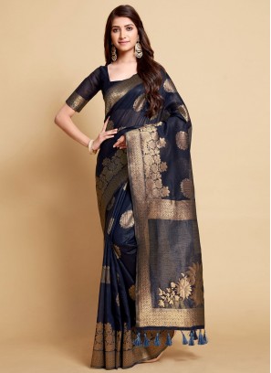 Irresistible Jacquard Work Linen Navy Blue Contemporary Saree