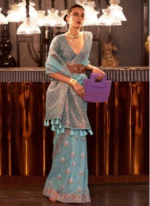 Irresistible Linen Blue Weaving Trendy Saree