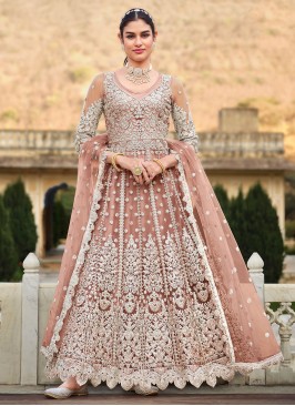 Irresistible Peach Embroidered Net Designer Salwar Kameez