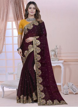 Irresistible Wine Satin Silk Classic Saree