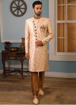 Jacquard And Silk Wedding Function Wear Cream Color Indo Western Suit