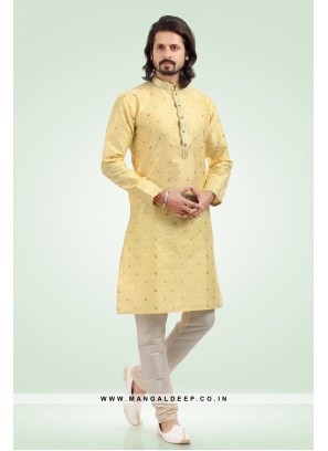 Pleasing Jacquard Art Silk Yellow Kurta Pyjama Set with Pintex Work