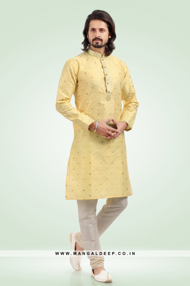 Pleasing Jacquard Art Silk Yellow Kurta Pyjama Set with Pintex Work