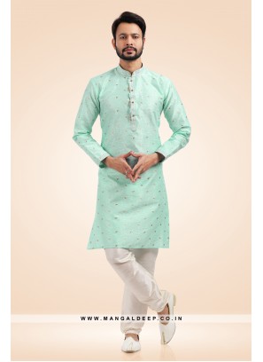 Pleasing Jacquard Art Silk Mint Green Kurta Pyjama Set with Pintex Work