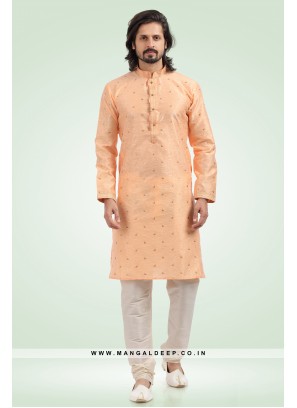 Pleasing Jacquard Art Silk Peach Kurta Pyjama Set with Pintex Work