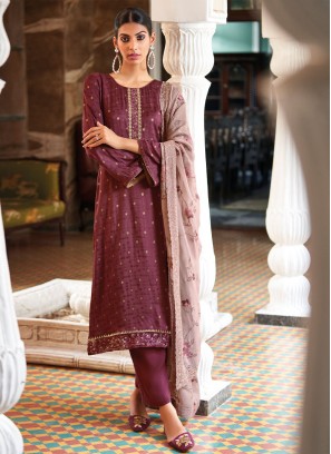 Jacquard Embroidered Salwar Suit in Purple