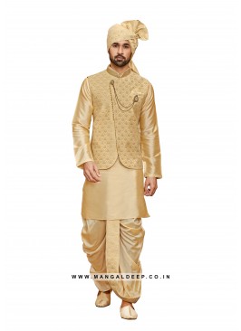 Magestic Jacquard Silk Kurta Dhoti with Nehru Jacket for Men