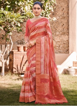 Jacquard Silk Print Contemporary Style Saree in Rust