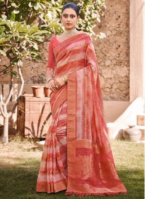 Jacquard Silk Print Contemporary Style Saree in Rust