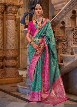 Jacquard Silk Saree in Teal