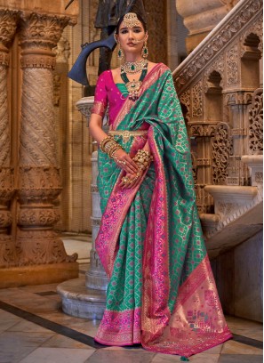 Jacquard Silk Saree in Teal