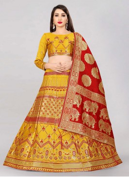 Jacquard Work Banarasi Silk A Line Lehenga Choli in Mustard