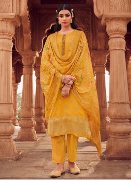 Jacquard Work Jacquard Salwar Suit in Yellow