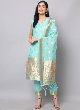 Jacquard Work Silk Readymade Salwar Suit in Aqua Blue