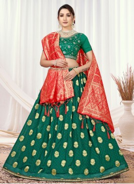 Jacquard Work Viscose Designer Lehenga Choli in Green