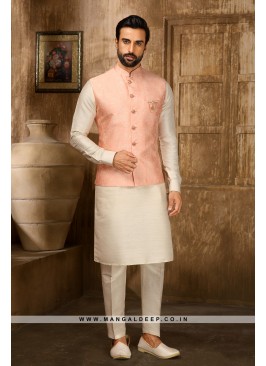 Jaquard Jacketed Peach & Cream Kurta Pyjama Set wi