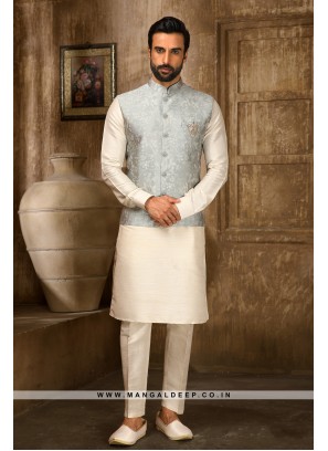 Jaquard Jacketed Light Grey & Cream Kurta Pyjama Set with Aligadhi Pants