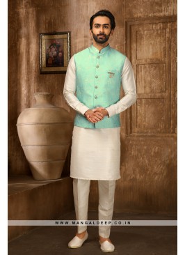 Jaquard Jacketed Firozi & Cream Kurta Pyjama Set with Aligadhi Pants