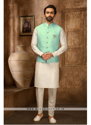 Jaquard Jacketed Firozi & Cream Kurta Pyjama Set with Aligadhi Pants