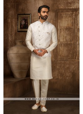 Jaquard Jacketed White & Cream Kurta Pyjama Set with Aligadhi Pants