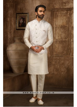 Jaquard Jacketed White & Cream Kurta Pyjama Set with Aligadhi Pants