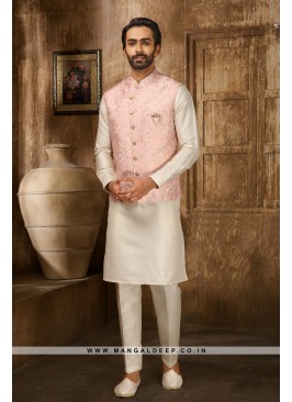 Jaquard Jacketed Pink & Cream Kurta Pyjama Set with Aligadhi Pants