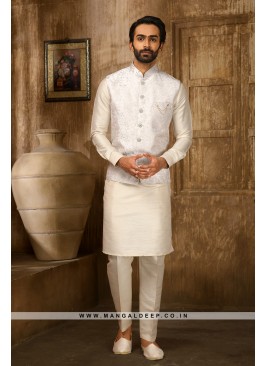 Jaquard Jacketed White & Cream Kurta Pyjama Set with Aligadhi Pants