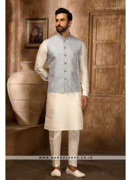 Jaquard Jacketed  Grey & Cream Kurta Pyjama Set with Aligadhi Pants