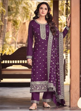 Jasmin Bhasin Purple Silk Embroidered Bollywood Salwar Kameez