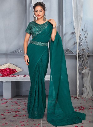 Jazzy Digital Print Rangoli Turquoise Trendy Saree