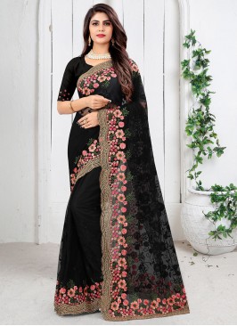 Jazzy Embroidered Net Black Designer Saree