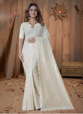 Jazzy Georgette Off White Embroidered Saree