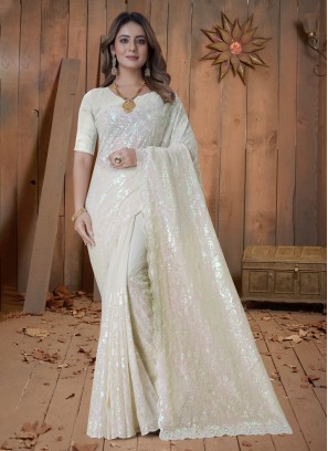 Jazzy Georgette Off White Embroidered Saree